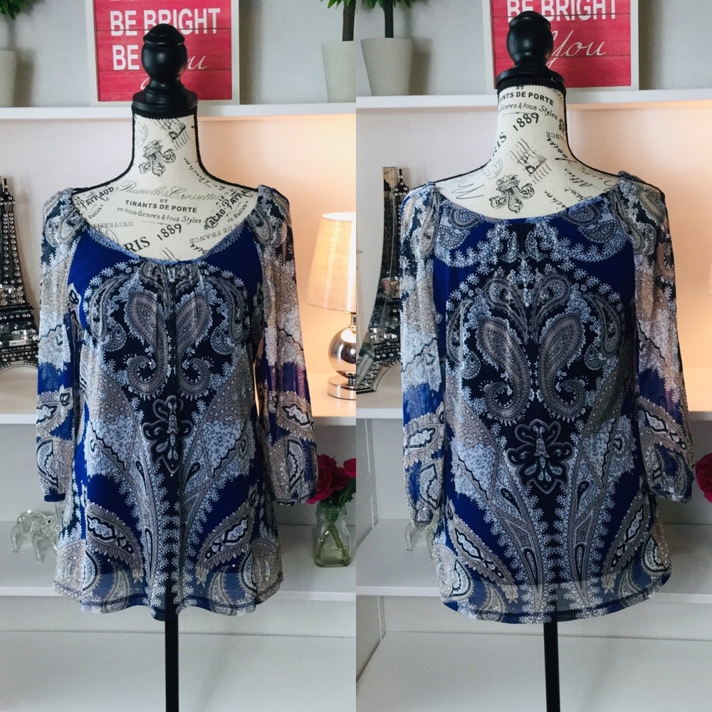 INC Blue/White Sheer Blouse